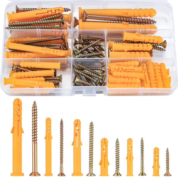 88 Pcs Wall Plugs and Screws Set(44 Masonry Self Tapping