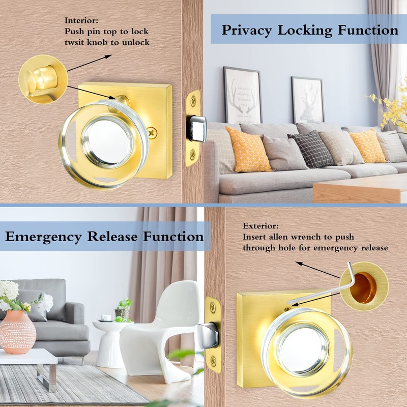 Coolnews Gold Glass Door Knobs with Lock - Satin Brass