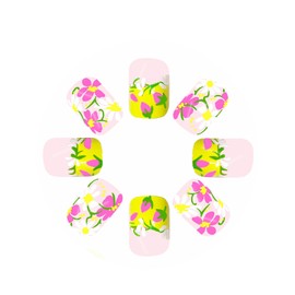 MERVF Square Press on Nails Short Fake Nail Yellow French Tip Glue ons Tropical Flower Desgin Acrylic Summer DIY Squoval Nails Supplies Art Floral Manicure 24pcs Glossy