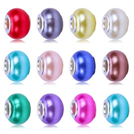 Victlov 100 cuentas espaciadoras europeas de 14 mm con agujero grande mezclado de colores con núcleos de latón plateado, suministros de cuentas para collares, pulseras, joyería (perlas de imitación)