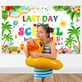 Mocsicka Happy Last Day of School Hello Summer Banner End of School Year Party Decorations Backdrop White for Kids Summer Vacation Party Supplies Photo Booth Props (White, 70.8 x 43.3 Inch)