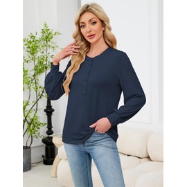 Skoinvb Womens Henley Shirts Long Sleeve Tops Casual Loose V Neck Button T-Shirts Basic Tee Blouse Dark Blue XXL