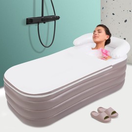Inflatable Bathtub, Foldable Portable Standing Ice Bath Tub, Unisex SPA Bathtub Hot Cold Plunge Tub Shower Stall with Electric Air Bump for RVs Hotels Home Campsites (Lotus Root Pink)