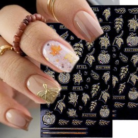 Fall Nail Stickers Self Adhesive Glitter Gold Nail Art Stickers with 3D Diamond Maple Leaves Pumpkin Nails Design Thanksgiving Nail Decals Maple Leaf Manicure Supplies for Women Autumn Decor 2 Sheets