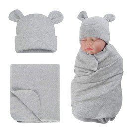 XIAOHAWANG Baby Swaddling Cloth Cotton with Newborn Hat Baby Burp Cloths Soft Comfortable Swaddling Cloth for Baby Girls, Boys (Grey)
