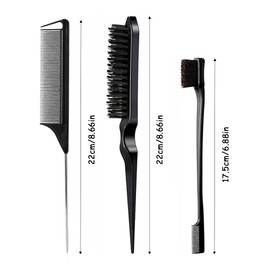 Xinfox 3 Pcs Hair Styling Comb Set, Teasing Hair Brush Rat Tail Comb Edge Brush, Boar Bristle Hair Brush Bristle Brush Grooming Comb for Women Girls（Black)