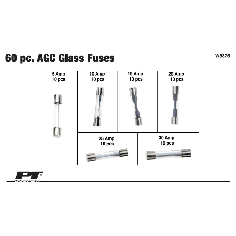 Performance Tool W5375 60pc AGC Glass Fuse Assortment (5A, 10A,