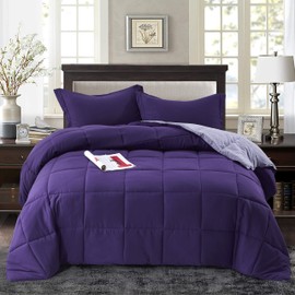 HIG 3pc Down Alternative Comforter Set - All Season Reversible Comforter with Two Shams - Quilted Duvet Insert with Corner Tabs - Box Stitched - Super Soft, Fluffy (Full/Queen, Purple)