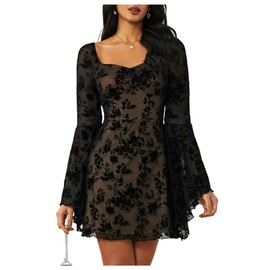 WDIRARA Women's Floral Jacquard Mesh Gothic Dress Bell Long Sleeve A Line Vintage Dresses Black Medium