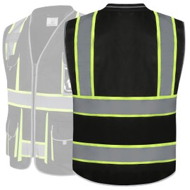JKSafety 10 Pockets Hi-Vis Zipper Front Black Safety Vest | Cushioned Collar | High Reflective Tapes with Extended Neon Yellow Strips | Meets ANSI/ISEA Standards (5X-Large, 89-Black)