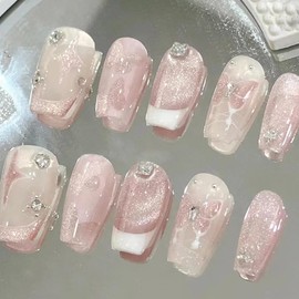 WAFOLOZE Nails Press on, Coffin Press on Nails Medium Girls Fake Nails with Cat's Eye & Butterfly Pattern and French Tip Design, Acrylic Artificial False Nails Press Ons Glue on Nails For Women