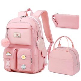 Fitvc School Backpack For Girls - 6pcs Cute Girls Backpack With Lunch Box Set For Teens Women College Middle High School - 18″ School Bookbag Travel Back Pack
