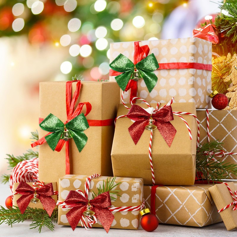 24 Pieces Christmas Tree Bows with Bells 3.5 Inch Small