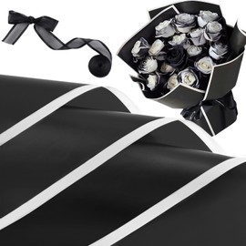 Jutieuo 20 Sheets Flower Wrapping Paper Florist Bouquet Supplies Waterproof White Edge Floral Wrapping Paper with Ribbon, 22.8x22.8 inch (Black)