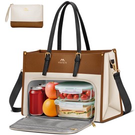 MATEIN Laptop Tote Bag with Insulated Lunch Compartment for Women, PU Leather 2 in 1 Work Briefcase with Clutch Fits 15.6 Inch Laptop, Convertible Professional Shoulder Bag for Office Business, 2 Sets