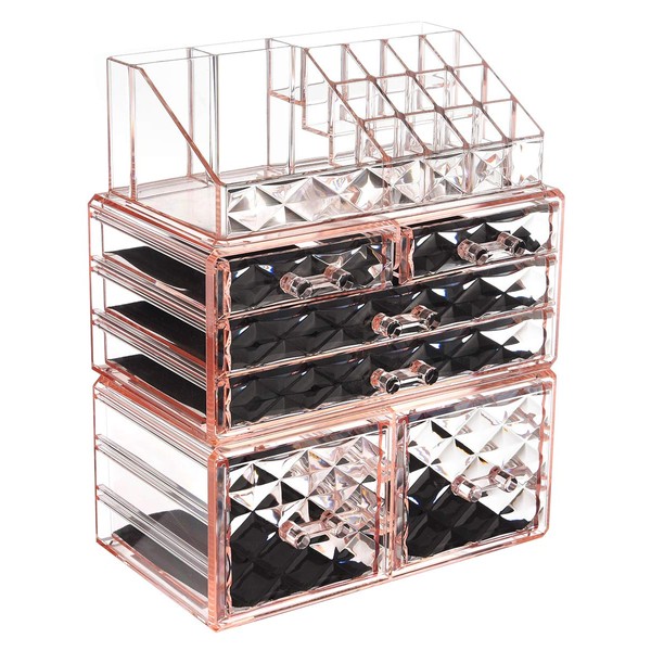 ZHIAI Makeup Organizer Acrylic Cosmetic Storage Drawers and Jewelry Display Box Transparent (Style A(Pink Diamond): 1 Top, 2 Small, 2 Large, 2 Square Drawers)