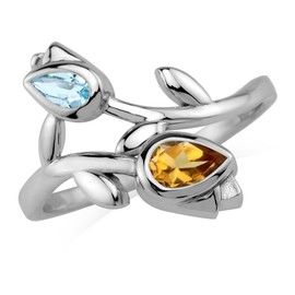 Silvershake Genuine Yellow Citrine and Blue Topaz White Gold Plated 925 Sterling Silver Tulip Flower Bypass Gemstone Ring Jewelry for Women Size 9, 9, Sterling Silver Rhodium (White Gold Plated),