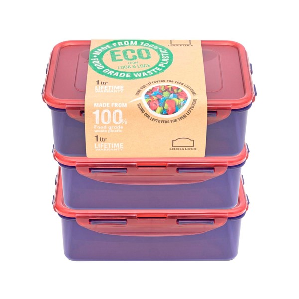 LocknLock Eco Rectangular Food Containers with Lids Set of 3 - Plastic Airtight & Watertight Food Storage Containers, BPA Free & Dishwasher Safe, 3 x 1L