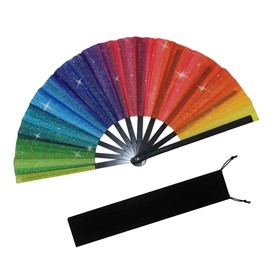 Rainbow Glitter Hand Fan,Large Holographic Foldable Rave Fan with Fabric Case for Pride, Dance, Festivals, Weddings & Party Decor,Performance Accessory