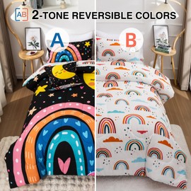 A Nice Night Bedding 6 Pcs Cartoon Rainbow Bedding Set with Smile Moon Printed for Boys Girls Bed Comforter Sets (Black, Twin)