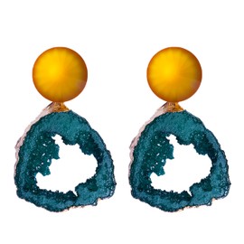 MyuSuiRan Statement Drop Earrings, Green Crystal Resin with Gold Accent, Natural Stone Design