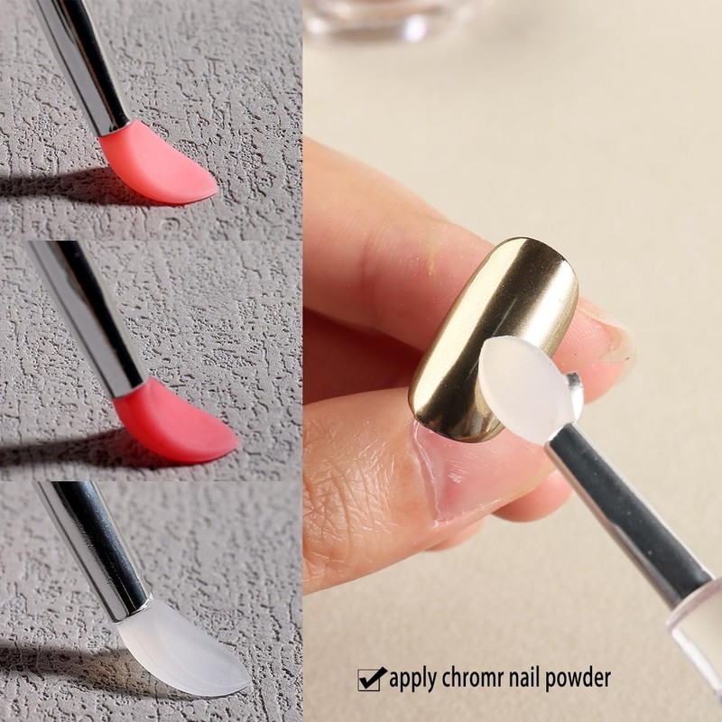 6Pcs Chrome Nail Powder Applicator Brushes, Silicone Head Nail Art