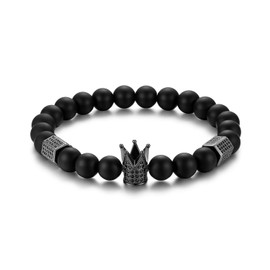 Cupimatch Weymouthskiefer Stone Bracelet for Men and Women, Crown with Cubic Zirconia, Matt Elastic Band, Unisex Pearl Bangle, Black, Stone