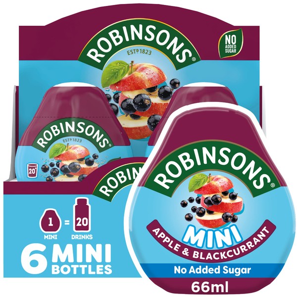 Robinsons Mini, 0 Percent Sugar, Real Fruit Squash, Low Calorie, Apple & Blackcurrant, Makes 20 Drinks Per Pack, 6 x 66 ml Packs