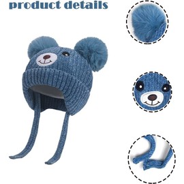Cute Bear Kids Winter Hat with Ear Flaps 1-5 Years Dual Pom-Pom Chenille Knitted Warm Hat for Baby Girls Boys Fleece Lined Warm Earflap Cap with Strap Toddler Cold Weather Furry Warm Beanie Hat,Blue
