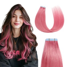 Sunya Tape in Hair Extensions Human Hair Hot Pink Tape in Hair Extensions Straight 12 Inch 10PCS/Pack 20g