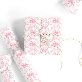 JarThenaAMCS Pink Bow Floral Wrapping Paper - Mini Roll - 17 Inch x 32.8 Ft Vintage Bow Flower Gift Wrap Paper Chinoiserie Art Paper for Coquette Birthday Party DIY Crafts