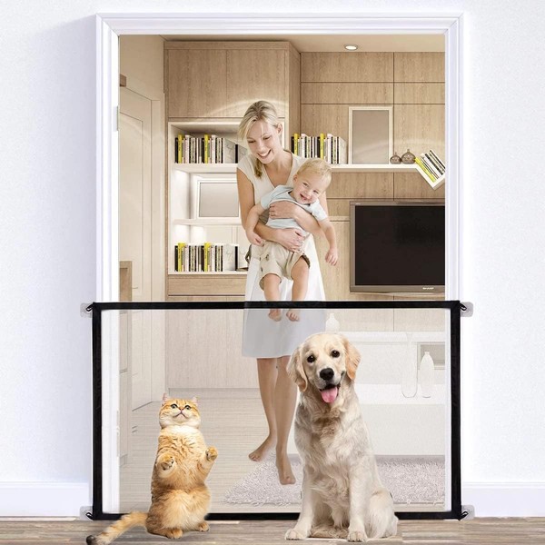 70.9"x28.3" Black Portable Mesh Baby Gate, Mesh Magic Pet Dog Gate for Stairs/Doorways/Hallways Easy-Install Child's Safety Gates Folding for Indoor and Outdoor Safety Gate Install Anywhere for Dogs