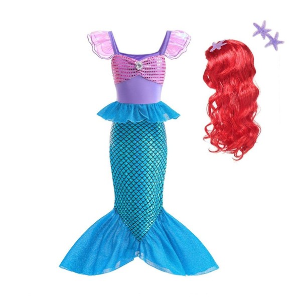 Lito Angels Little Mermaid Princess Fancy Dress Up Costume Birthday Party Outfit with Hair Wig for Kids Girls Age 7-8 Years, Purple Blue (Tag Number 140)