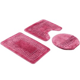 Home Must Haves Bath Set 3 Piece Rose Pink Patchwork Pattern Bathroom Rug (18"x29"), Large Contour Mat (18"x19"), Lid Cover (18"x18")