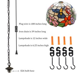 MQYXH Tiffany Plug in Pendant Lamp Blue Hummingbird Style Stained Glass Vintage Swag Light 12X12X180 Inch Hanging Lamps for Dining Room Living Room Office Bedroom or Porch