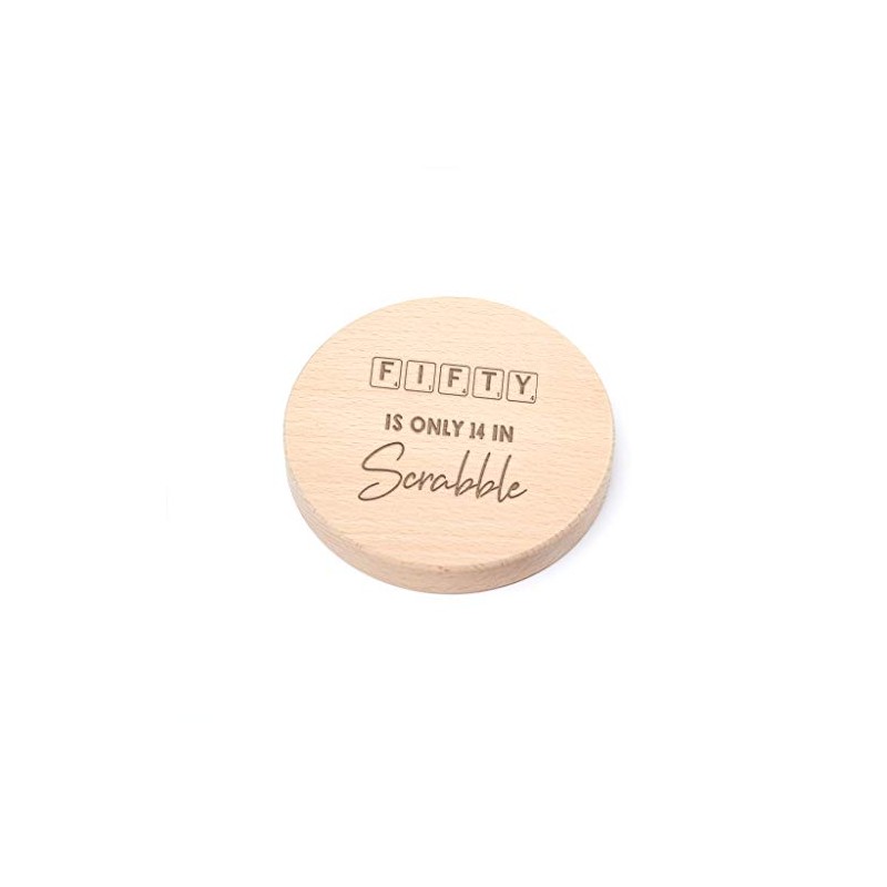 "Fifty Is Only 14 In Scrabble" Engraved Wood Coaster -