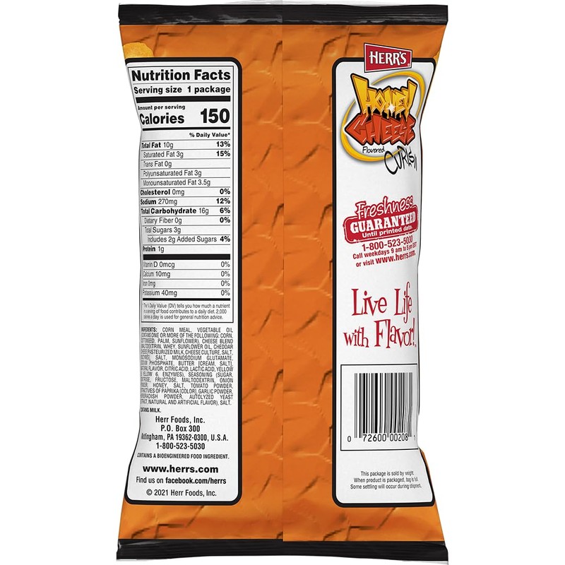 Herr’s Honey Cheese Flavored Curls, Gluten Free Snacks, 1oz Bag