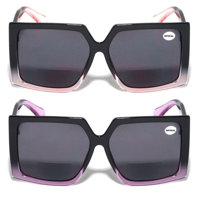 V.W.E. 2 Pairs Square Oversize Women BIFOCAL Outdoor Reading Sunglasses