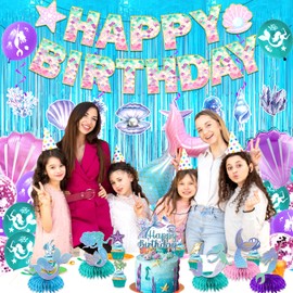 59pcs Little Mermaid Birthday Decorations, NO-DIY Mermaid Party Decorations Mermaid Birthday Party, Mermaid Birthday Party Supplies for Kids Girls Baby Shower