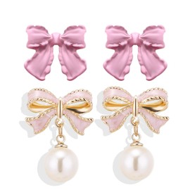 PINCHUAN 2pairs Gold Bow Earrings Small Classic Bow Stud Earrings Gold Bow Knot Earrings Pearl Bow Earrings Pink Bow Earrings Bow Drop Earrings Christmas Bow Earrings for Women-2pairs pink