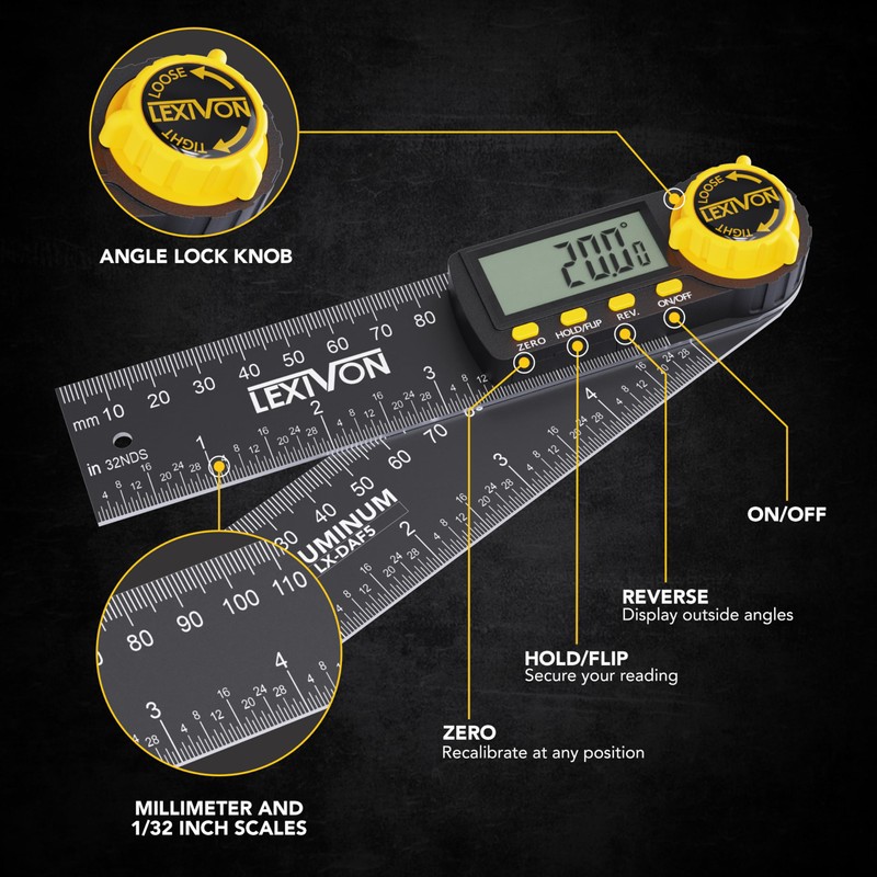 LEXIVON Aluminum Digital Angle Finder Gauge, 5-inch/130mm Multi-Purpose Protractor, Includes
