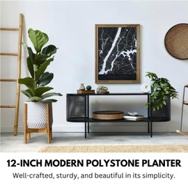 Fox & Fern Large 12 Inch Planter with Drainage Plug — Premium Polystone White Plant Pot; Modern Planter with 3D Texture and Ceramic Finish; 12 Inch Pots for Plants Indoor & Outdoor