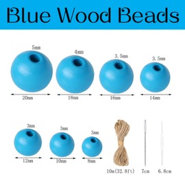 100 Pieces Blue Wood Beads with 5mm Hole, Round Loose Beads Polish Spacer Beads Bulk with 10m Jute Twine for Farmhouse Beaded Necklace Bracelet Jewelry Making - 20mm