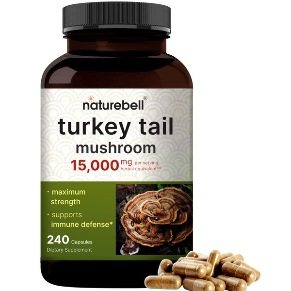 NatureBell Turkey Tail Mushroom Capsules 15,000mg Per Serving, 240 Count | 25:1 Fruiting Body & Mycelium Extract – Immune & Brain Health Mushrooms Supplement