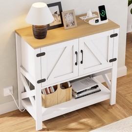 IRONCK Console Table with Power Outlets, Farmhouse Entryway Table with Cabinet and Storage Shelf, Sofa Table, Coffee Bar Cabinet for Living Room, Hallway, Couch, Foyer, Kitchen, White