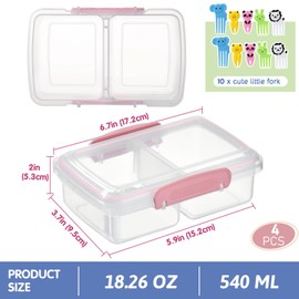 Greentainer 4 Pack Plastic Snack Containers for Kids Bento Boxs with 2 Compartments Travel Snack Container Fruits/Candies/Sandwiches Food Storage Containers with Fork,Dishwasher Safe (Pink)