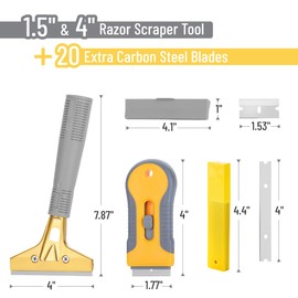 Bates- Razor Blade Scraper Set, 2 Pack, 1.5" & 4" Razor Scraper Tool with 20 Extra Carbon Steel Blades, Window Scraper Blades, Glass Scraper for Windows, Paint Scraper Blade Scraper for Cleaning
