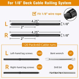 Swage Lag Screws for Cable Railing - 120 Pack Black T316 Stainless Steel Left and Right Handed Thread - 1/8" Cable Railing Hardware Kit for Deck Stair Wood Post Railing System