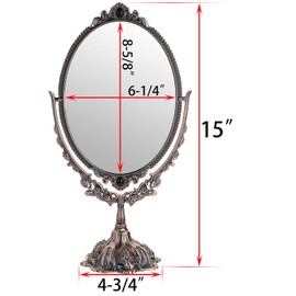 JUXYES Metal Tabletop Antique Decorative Makeup Mirror with Stand, Vintage Swivel Double Sided Cosmetic Mirror with Frame, Retro Desktop Oval Dressing Mirror for Bathroom Bedroom