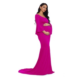 ZIUMUDY Maternity Retro Off Shoulder Flare Sleeves Mermaid Gown Maxi Photography Dress for Baby Shower (Burgundy, Large)
